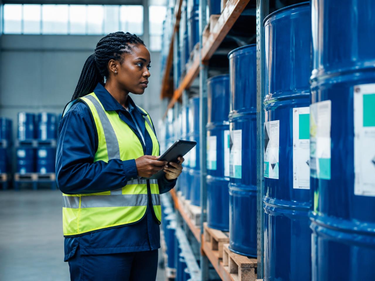 Procurement officer checking labelled chemical drums